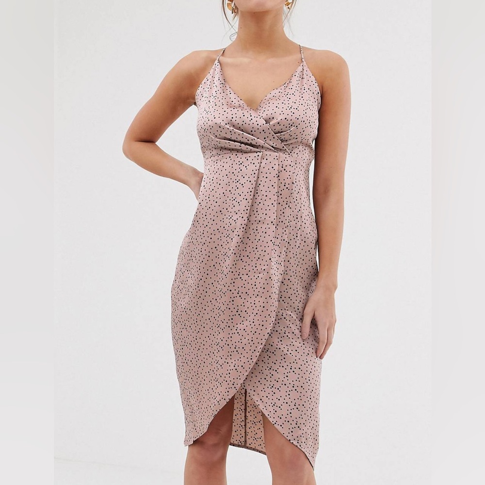 NWOT QED London Blush and Navy Dot Wrap Front Slip Dress from ASOS